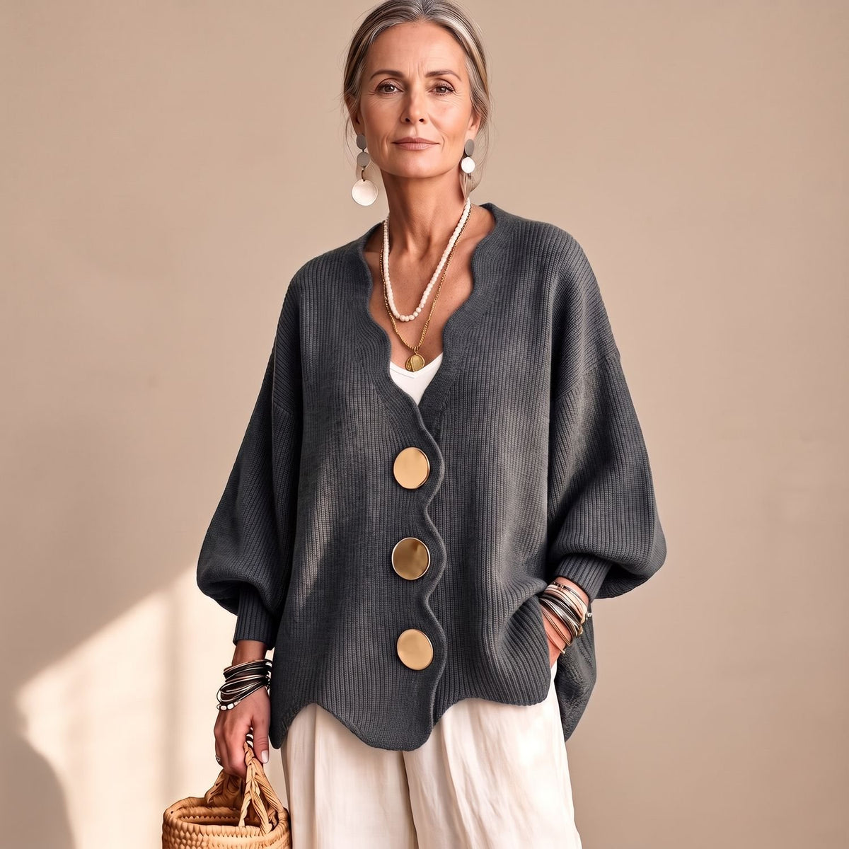 Women's Oversized Button Front Knit Cardigan Lantern Sleeve - Dark Gray