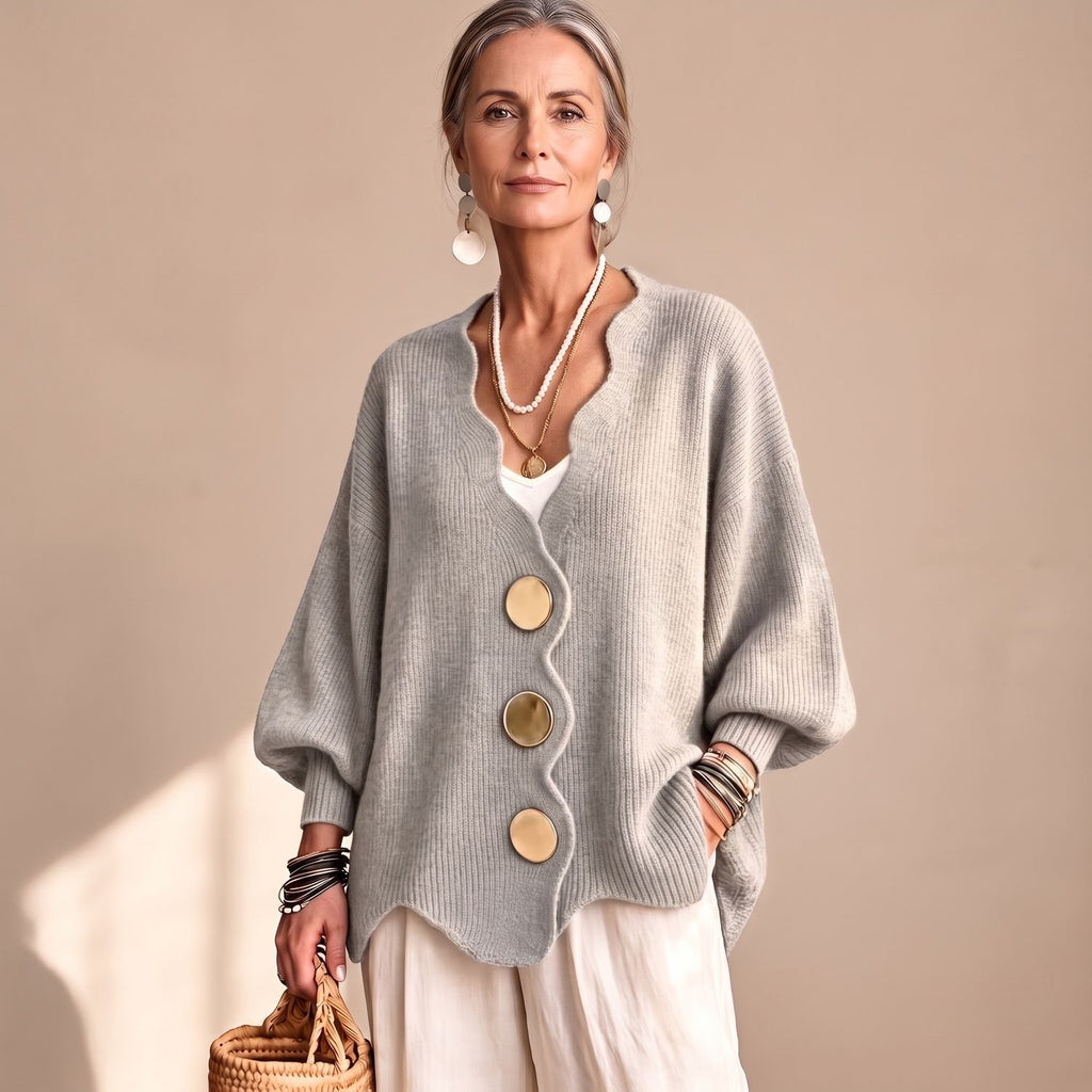 Women's Oversized Button Front Knit Cardigan Lantern Sleeve - Light Gray