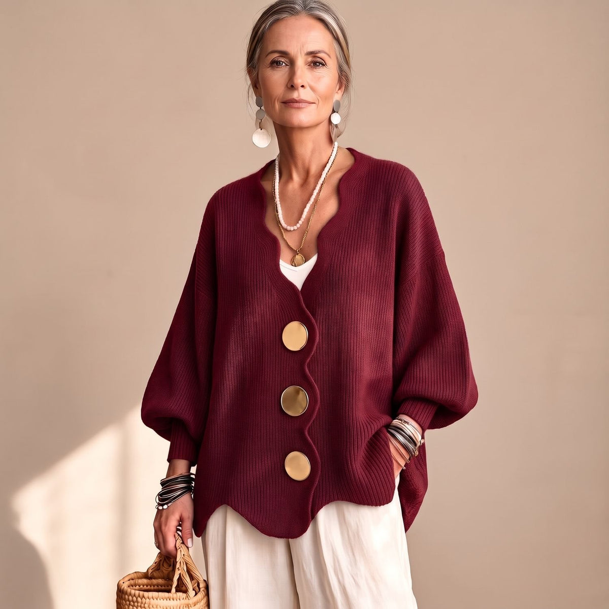 Women's Oversized Button Front Knit Cardigan Lantern Sleeve - Red