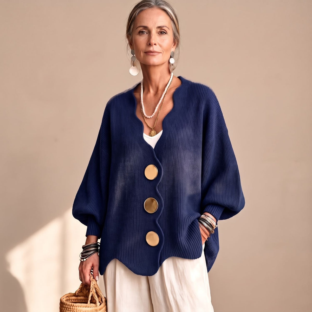 Women's Oversized Button Front Knit Cardigan Lantern Sleeve - Blue