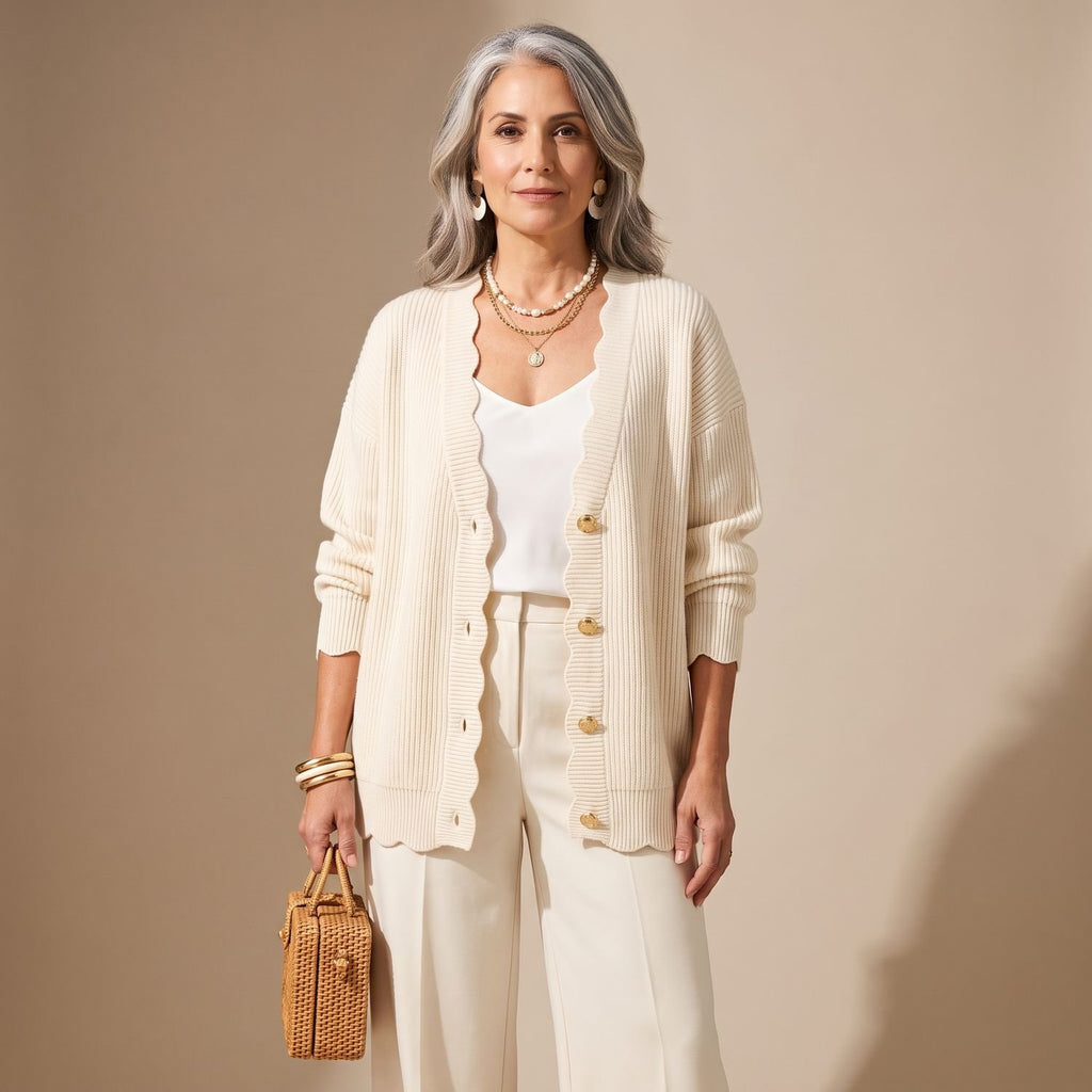 Women's Oversized Button Front Knit Cardigan Lantern Sleeve - Off-White