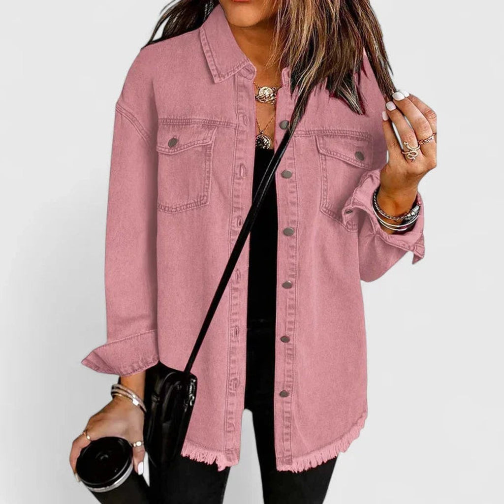 Women's Oversized Button-Up Denim Shacket Jacket - Pink