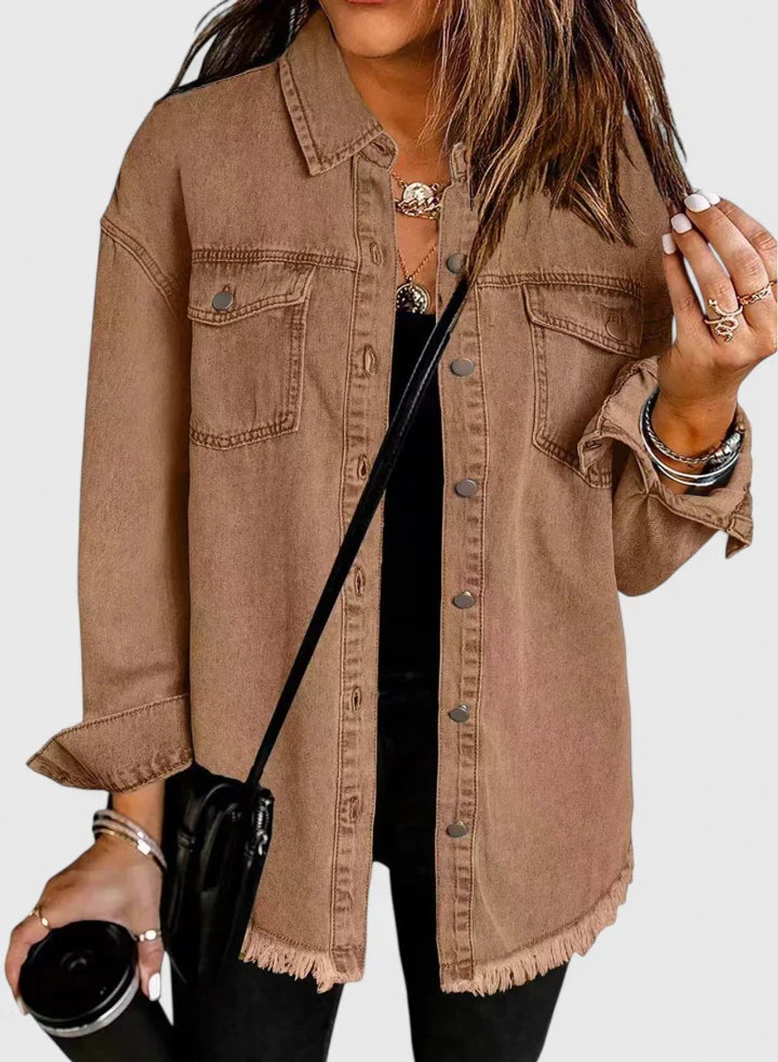 Women's Oversized Button-Up Denim Shacket Jacket - Brown
