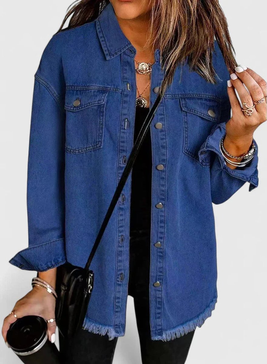 Women's Oversized Button-Up Denim Shacket Jacket - Dark Blue