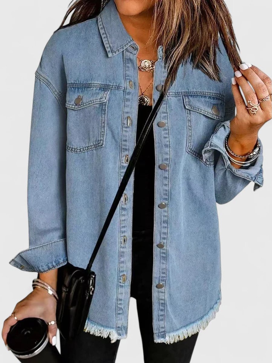 Women's Oversized Button-Up Denim Shacket Jacket - Light Blue