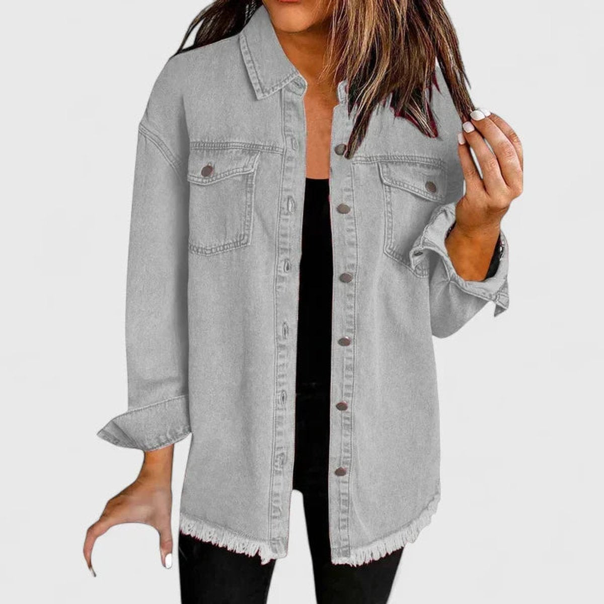 Women's Oversized Button-Up Denim Shacket Jacket - Gray