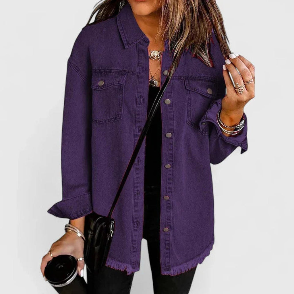 Women's Oversized Button-Up Denim Shacket Jacket - Purple