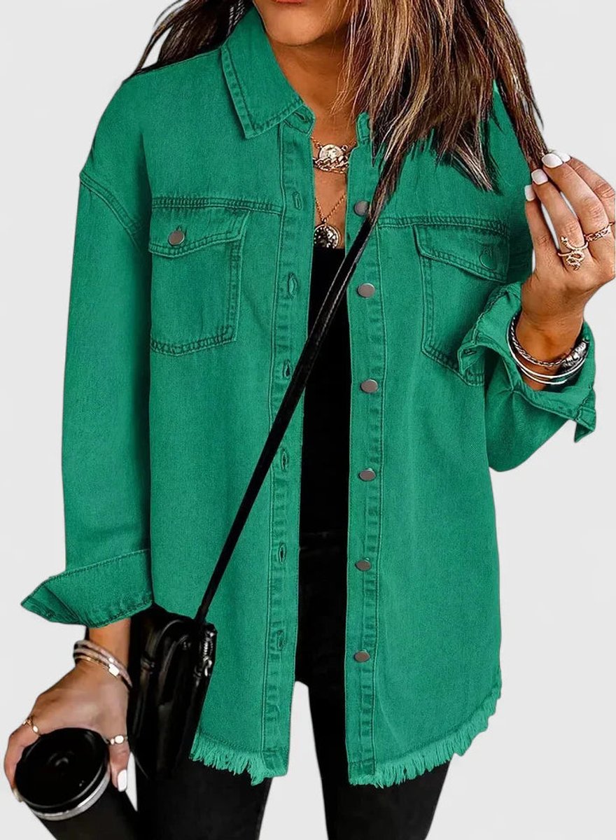Women's Oversized Button-Up Denim Shacket Jacket - Green
