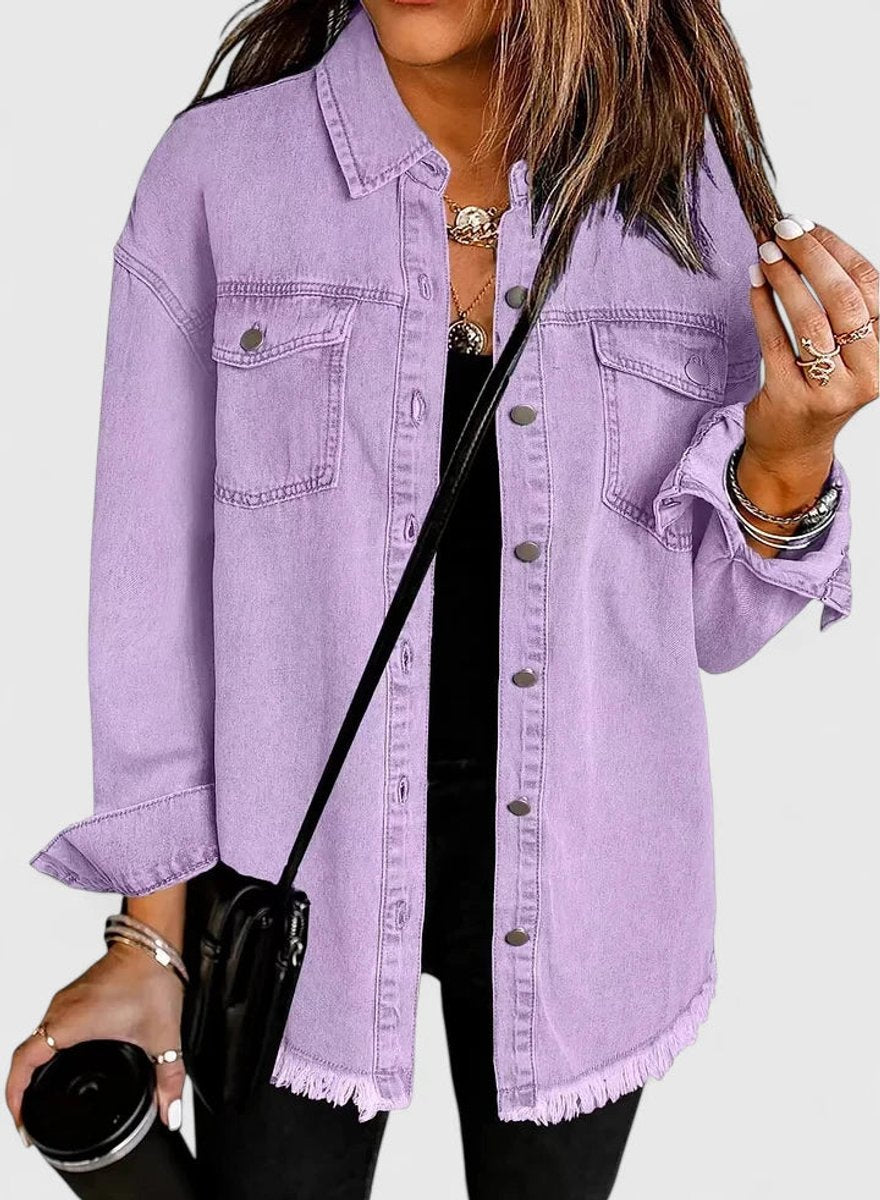 Women's Oversized Button-Up Denim Shacket Jacket - Lilac