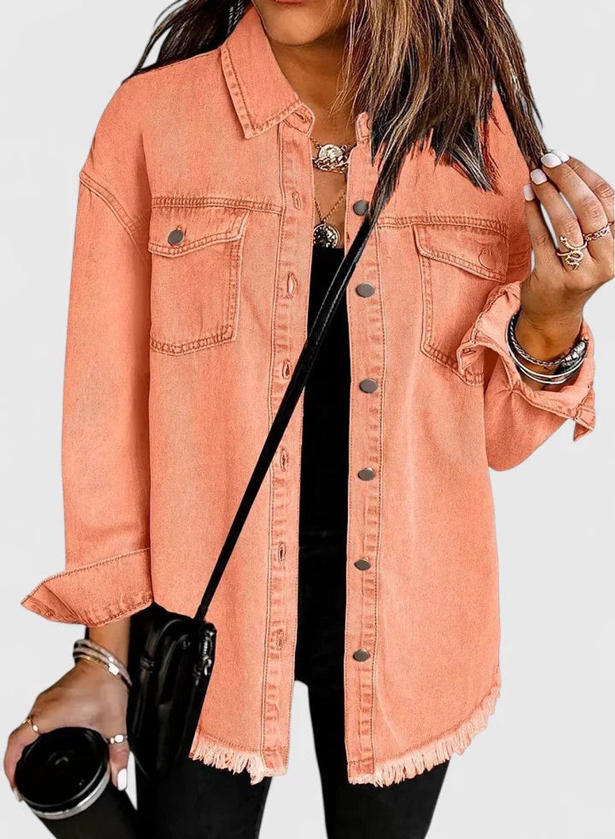 Women's Oversized Button-Up Denim Shacket Jacket - Peach