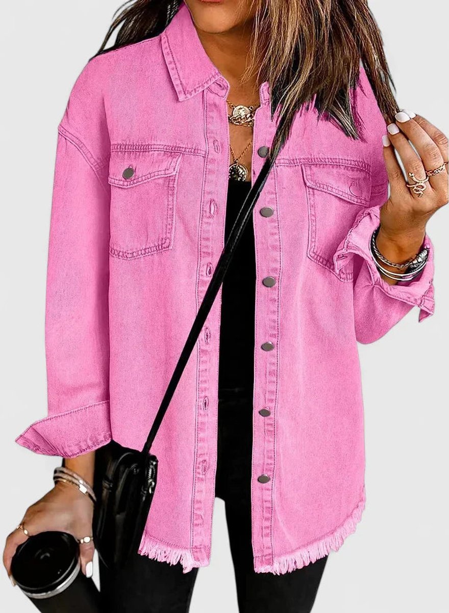 Women's Oversized Button-Up Denim Shacket Jacket - Baby Pink