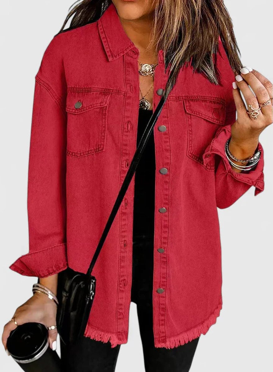 Women's Oversized Button-Up Denim Shacket Jacket - Red