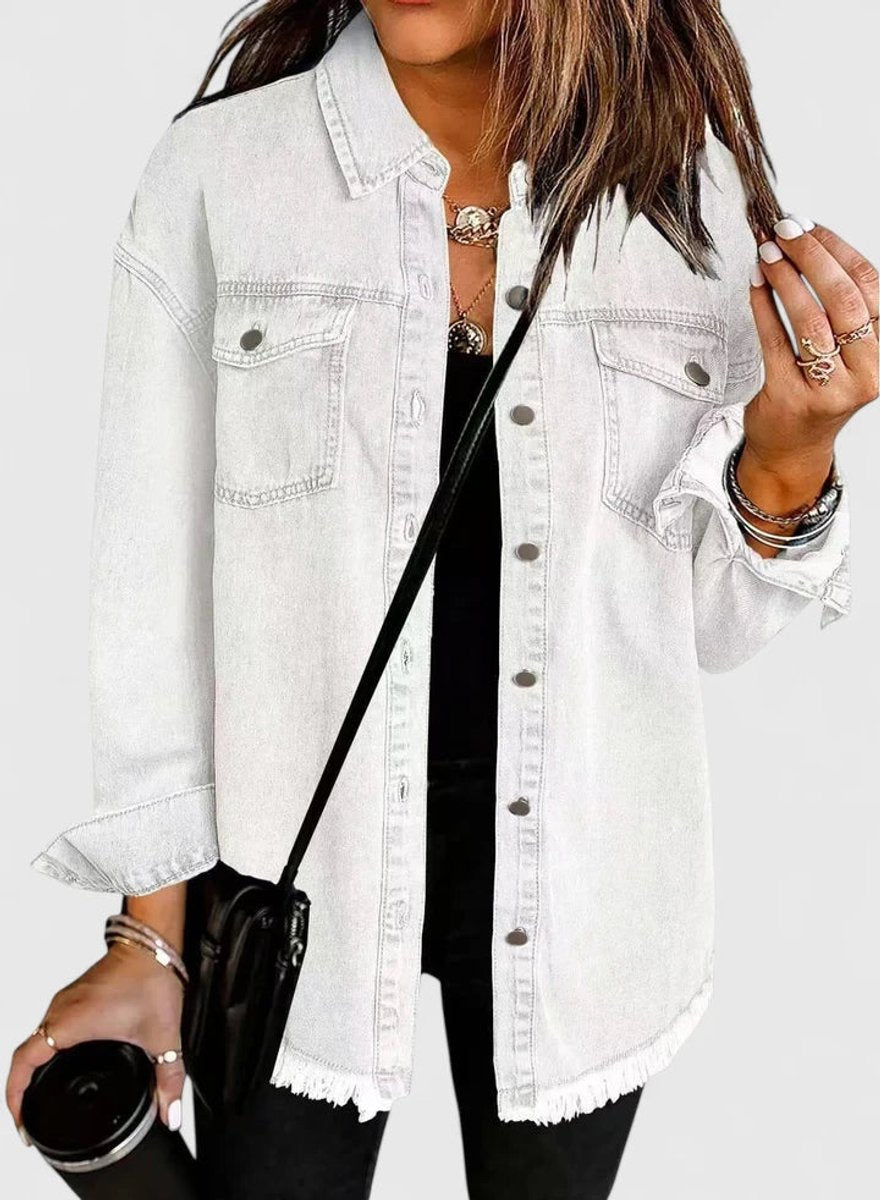 Women's Oversized Button-Up Denim Shacket Jacket - White