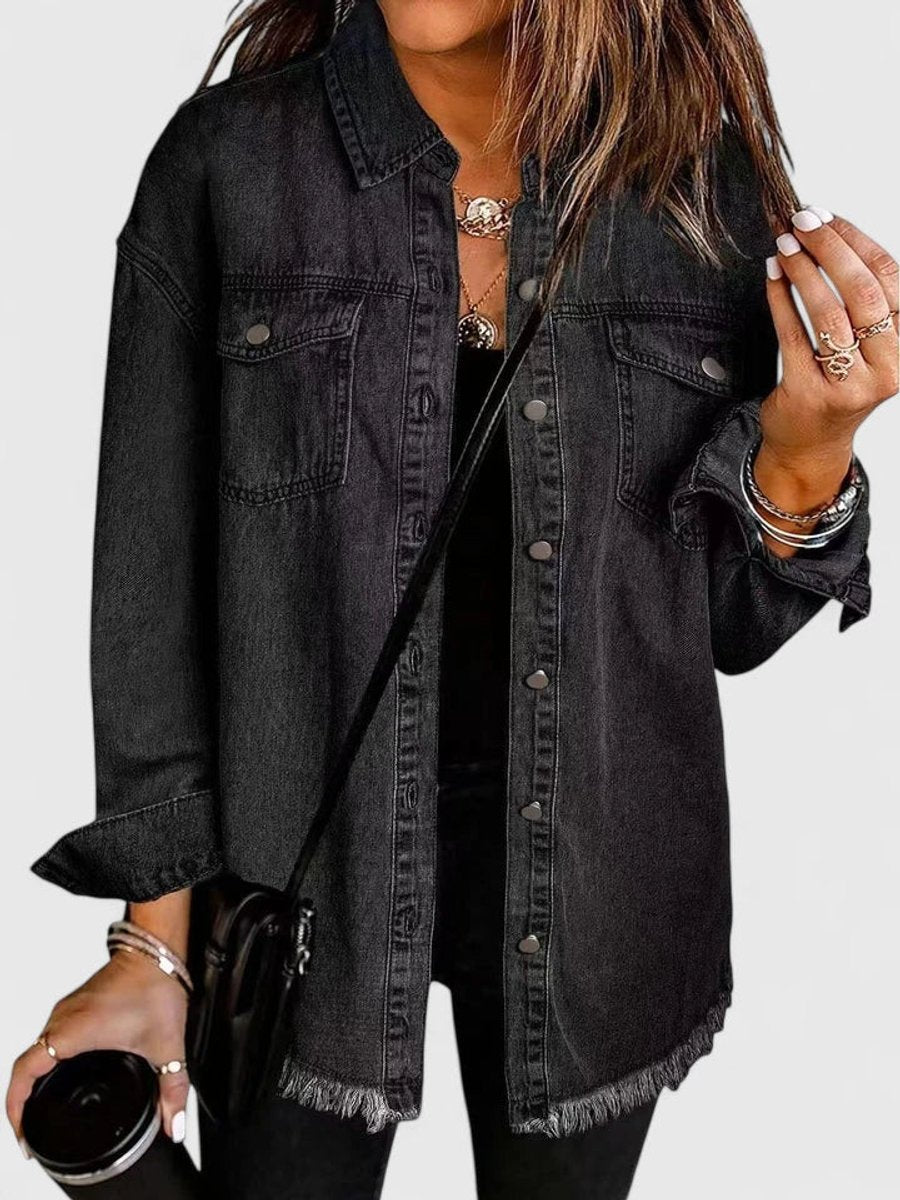 Women's Oversized Button-Up Denim Shacket Jacket - Black