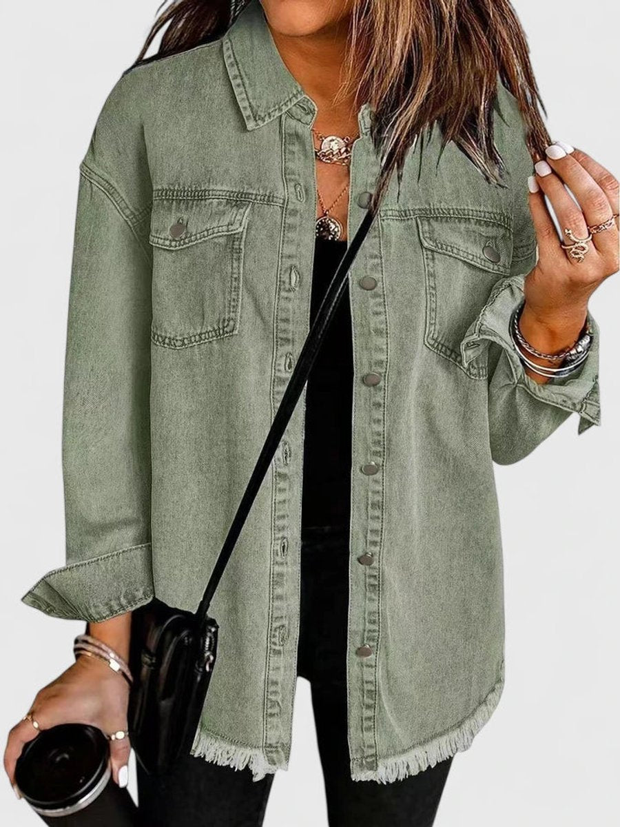 Women's Oversized Button-Up Denim Shacket Jacket - Olive Green