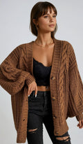 Women's Oversized Cable Knit Button-Front Cardigan - Brown