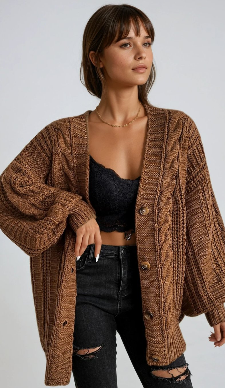 Women's Oversized Cable Knit Button-Front Cardigan - Brown