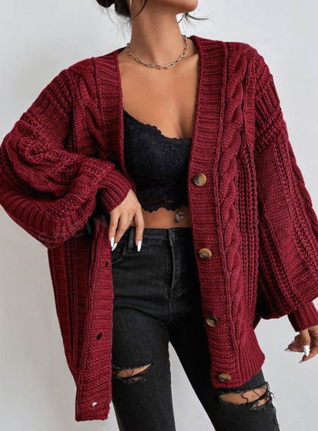 Women's Oversized Cable Knit Button-Front Cardigan - Dark Red