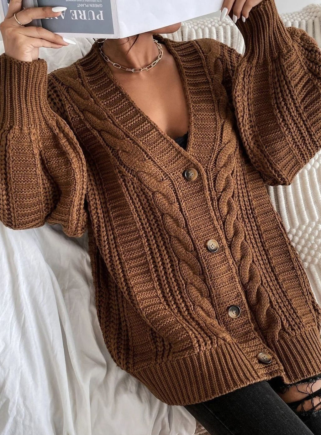 Women's Oversized Cable Knit Button-Front Cardigan