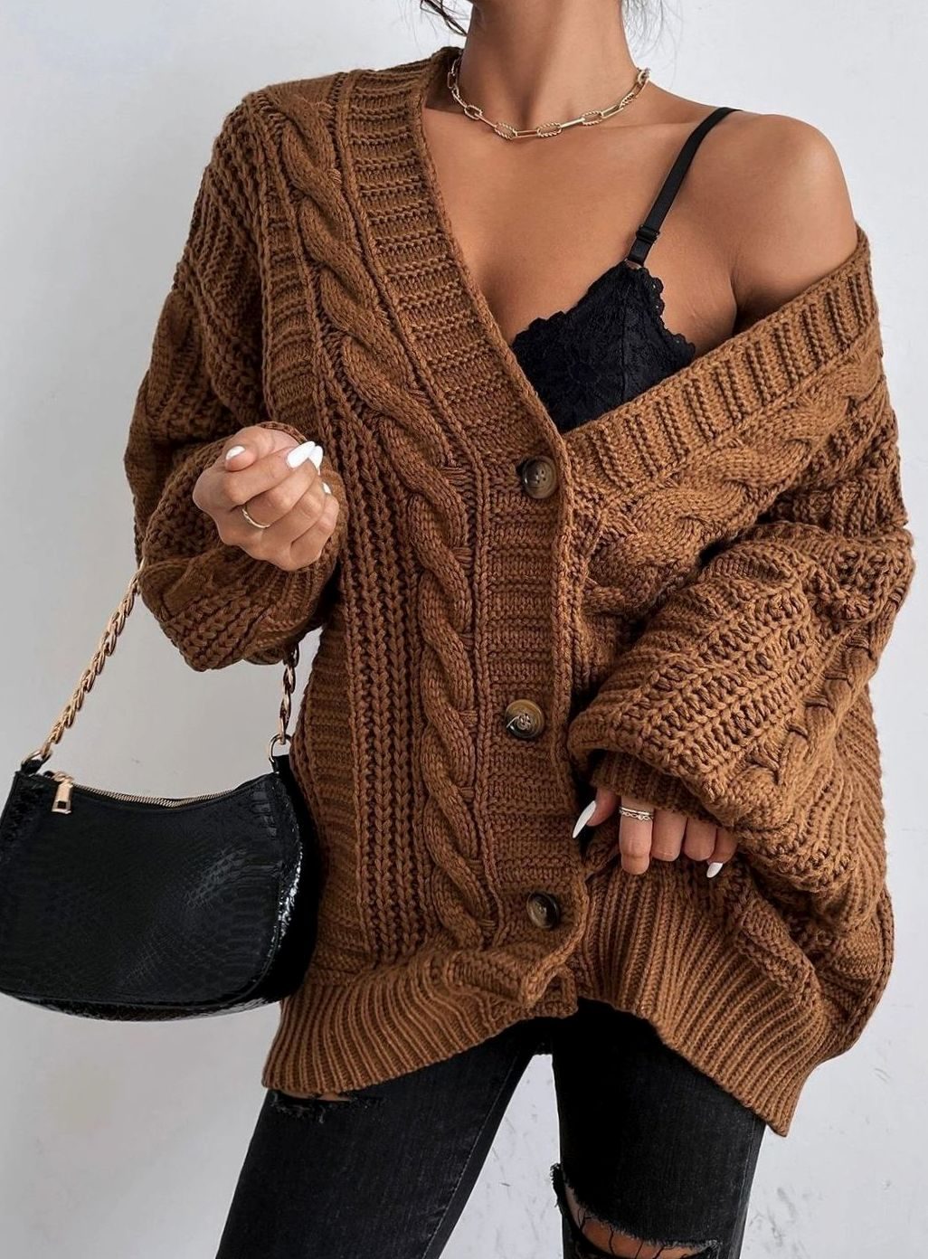 Women's Oversized Cable Knit Button-Front Cardigan