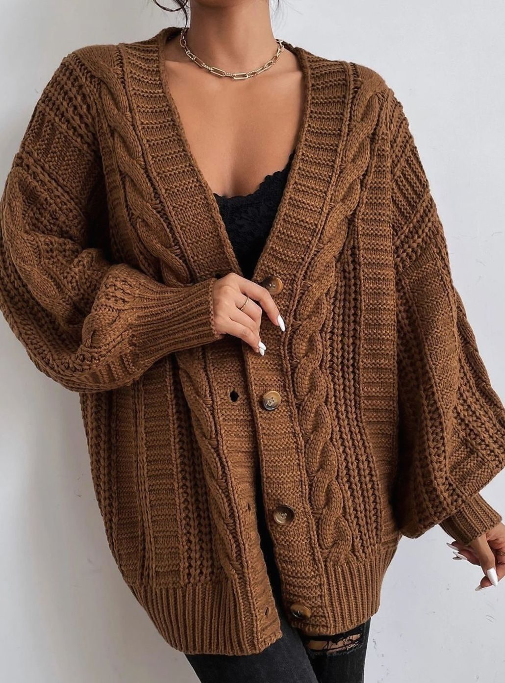 Women's Oversized Cable Knit Button-Front Cardigan