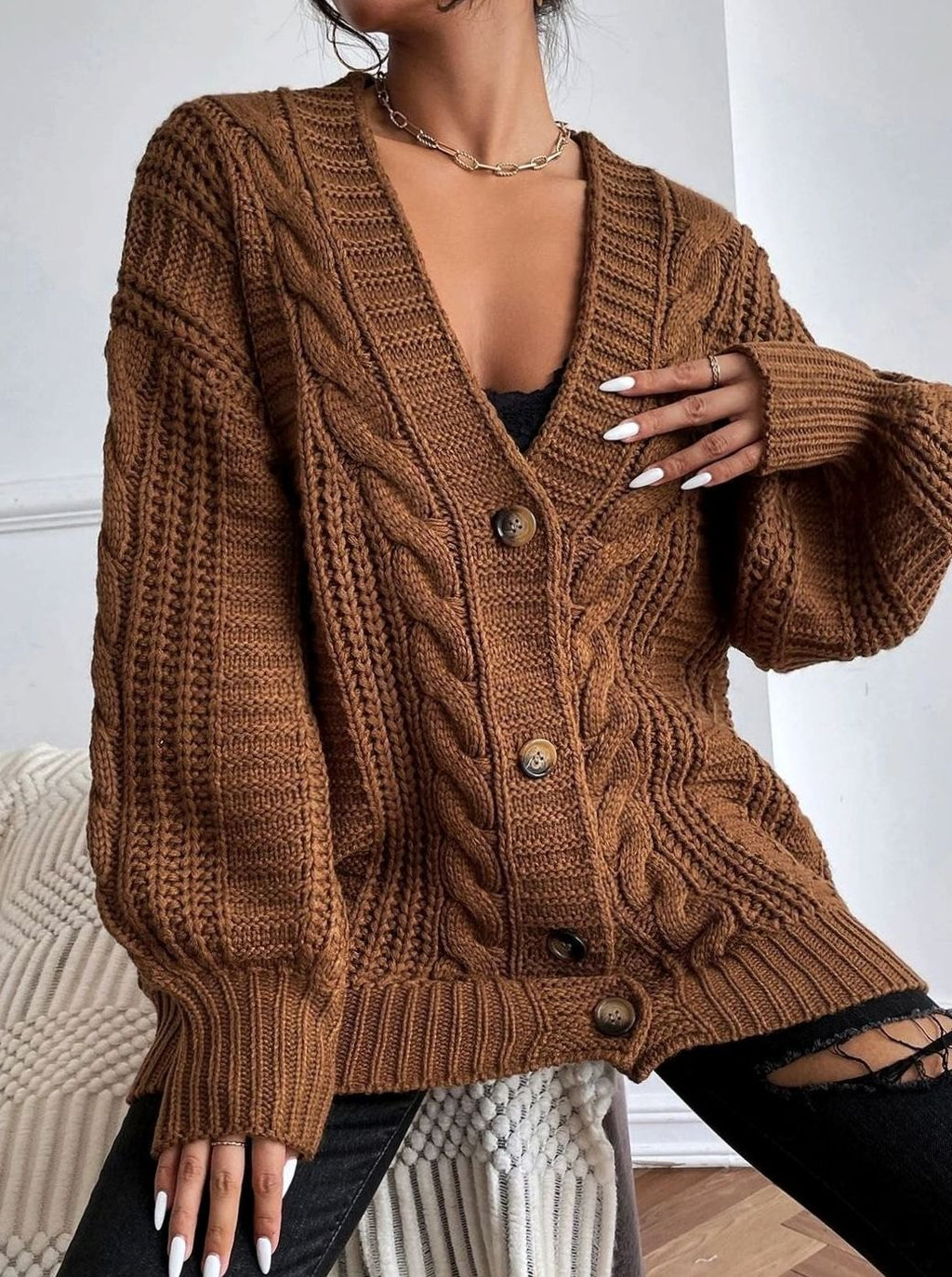 Women's Oversized Cable Knit Button-Front Cardigan