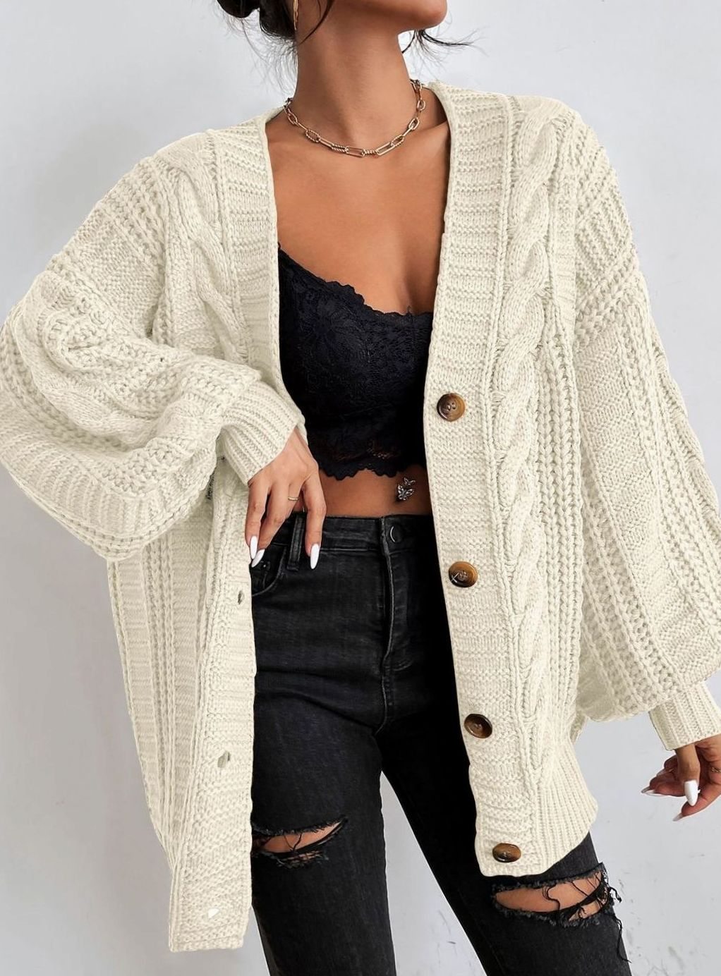 Women's Oversized Cable Knit Button-Front Cardigan - Beige