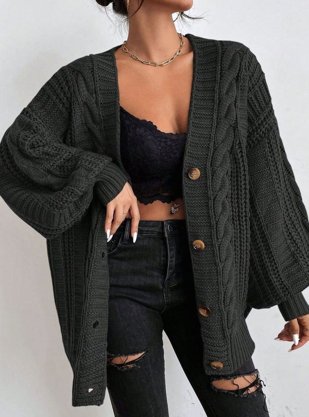 Women's Oversized Cable Knit Button-Front Cardigan - Black