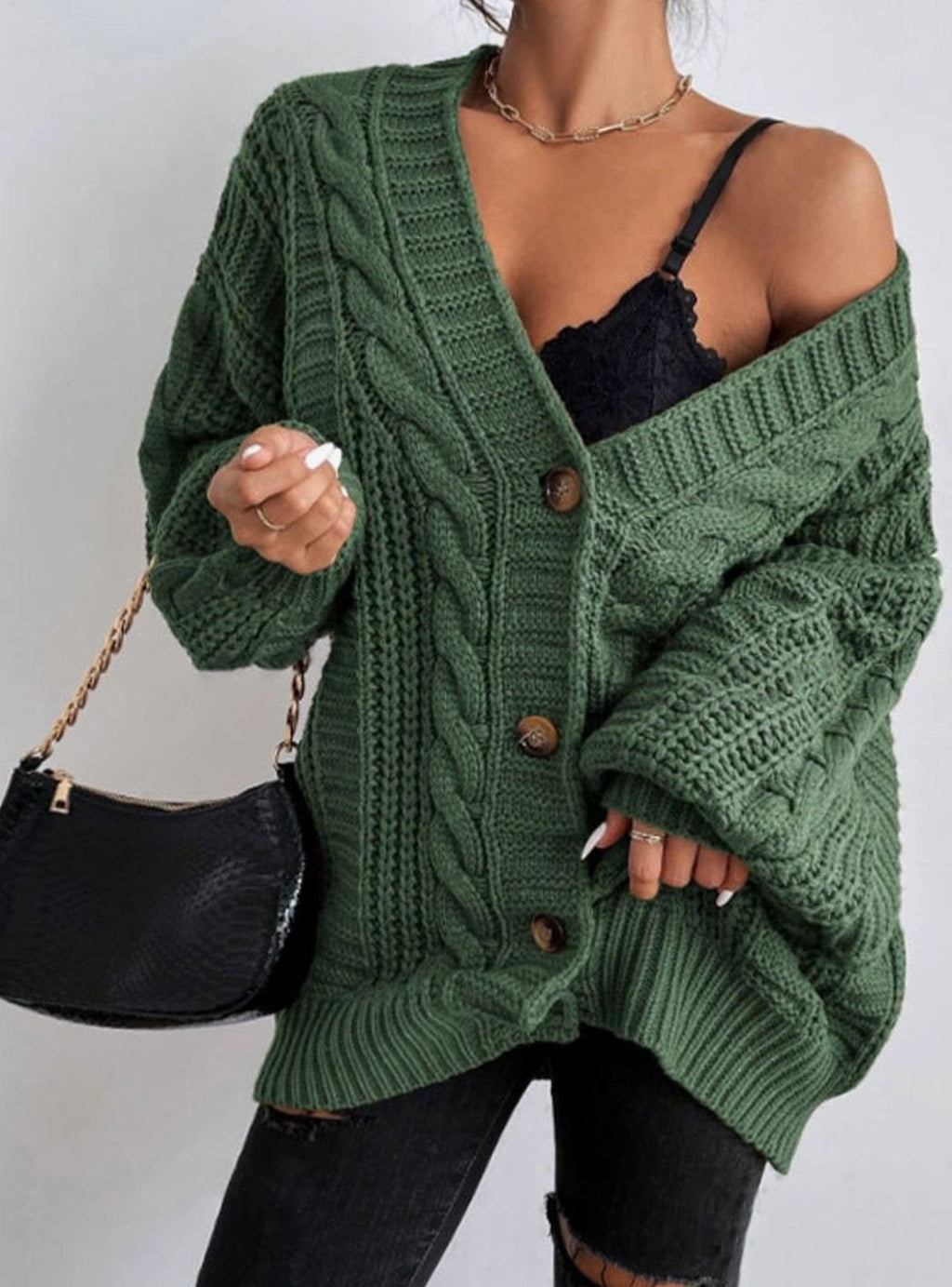 Women's Oversized Cable Knit Button-Front Cardigan - Dark Green