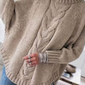 Women's Oversized Cable Knit High-Neck Sweater - Khaki