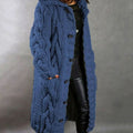 Women's Oversized Cable Knit Hooded Button Cardigan Long Coat - Blue