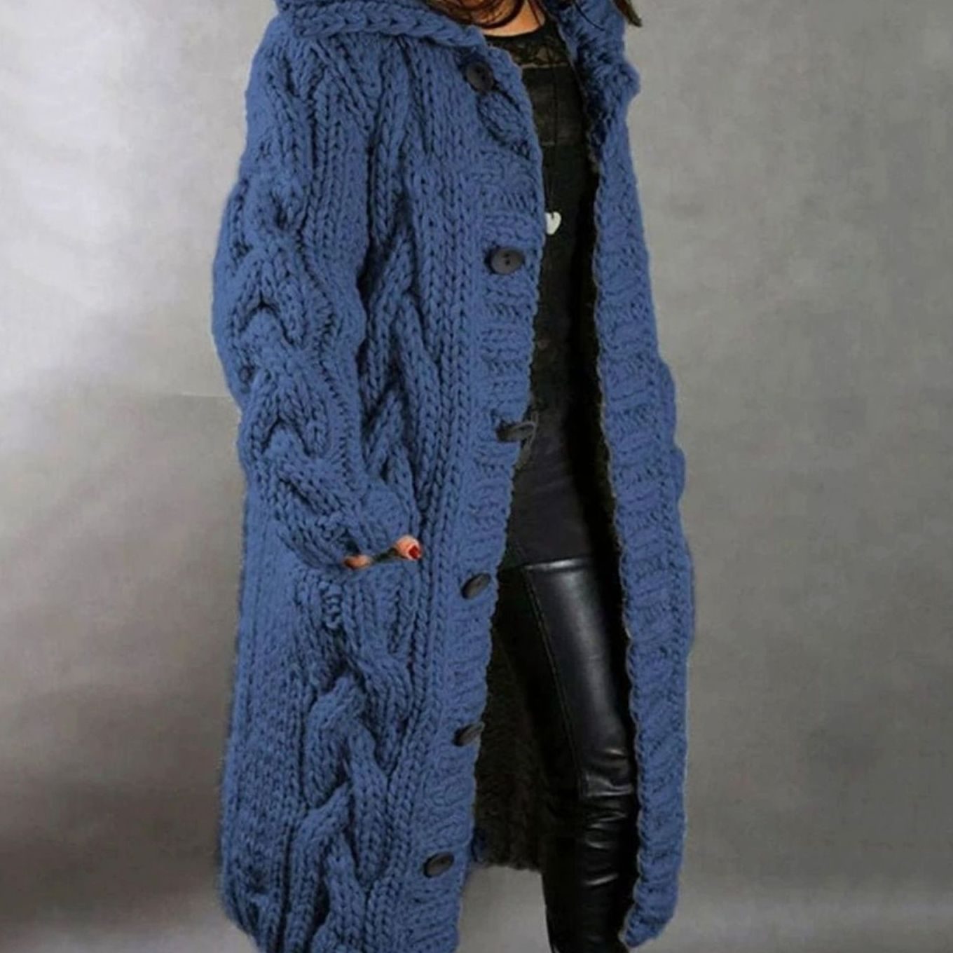 Women's Oversized Cable Knit Hooded Button Cardigan Long Coat - Blue