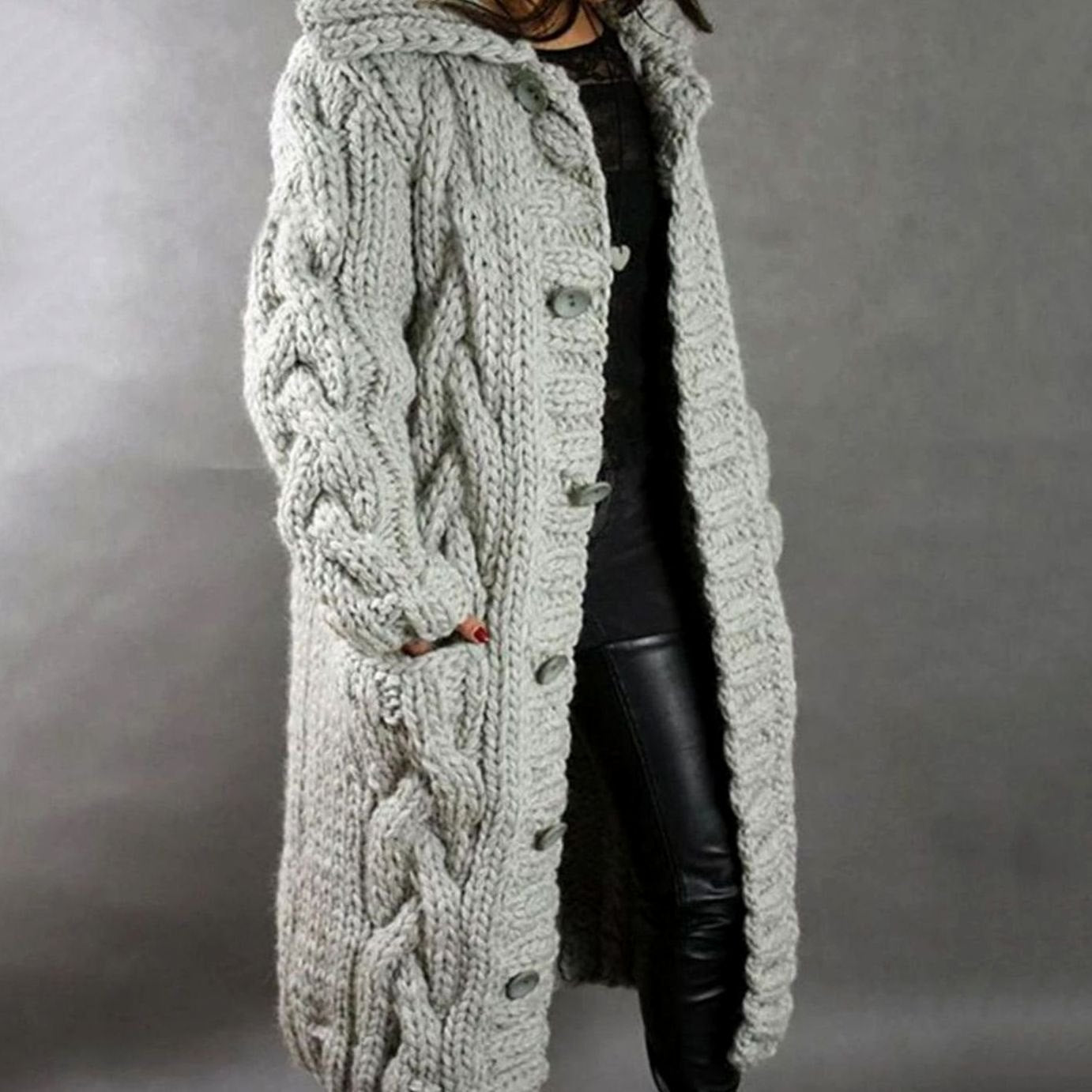 Women's Oversized Cable Knit Hooded Button Cardigan Long Coat - Silver Grey