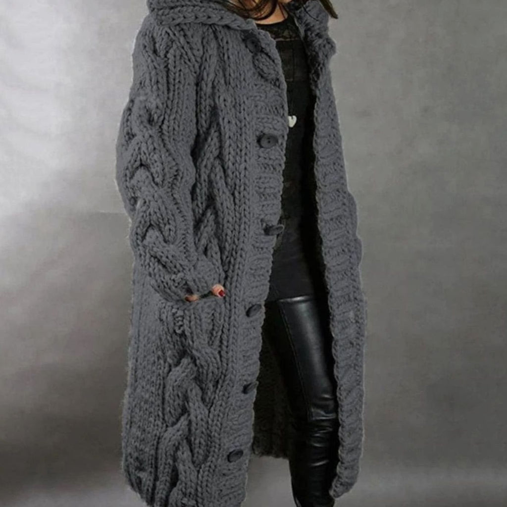 Women's Oversized Cable Knit Hooded Button Cardigan Long Coat - Dark Grey