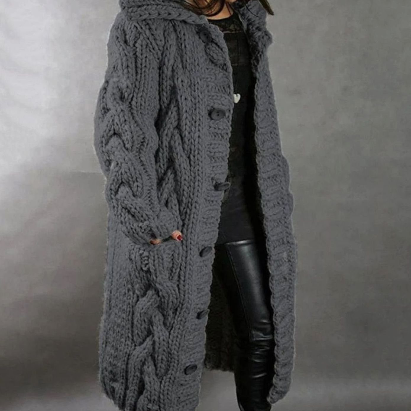 Women's Oversized Cable Knit Hooded Button Cardigan Long Coat - Dark Grey
