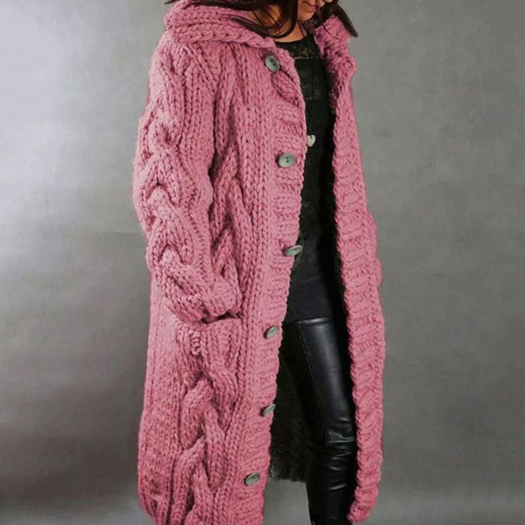 Women's Oversized Cable Knit Hooded Button Cardigan Long Coat - Pink
