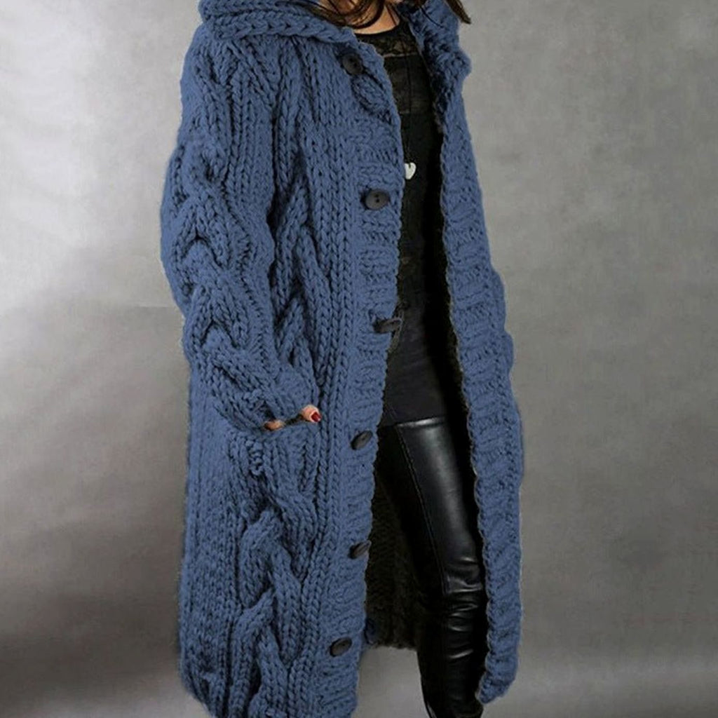 Women's Oversized Cable-Knit Hooded Long Cardigan Coat - Blue