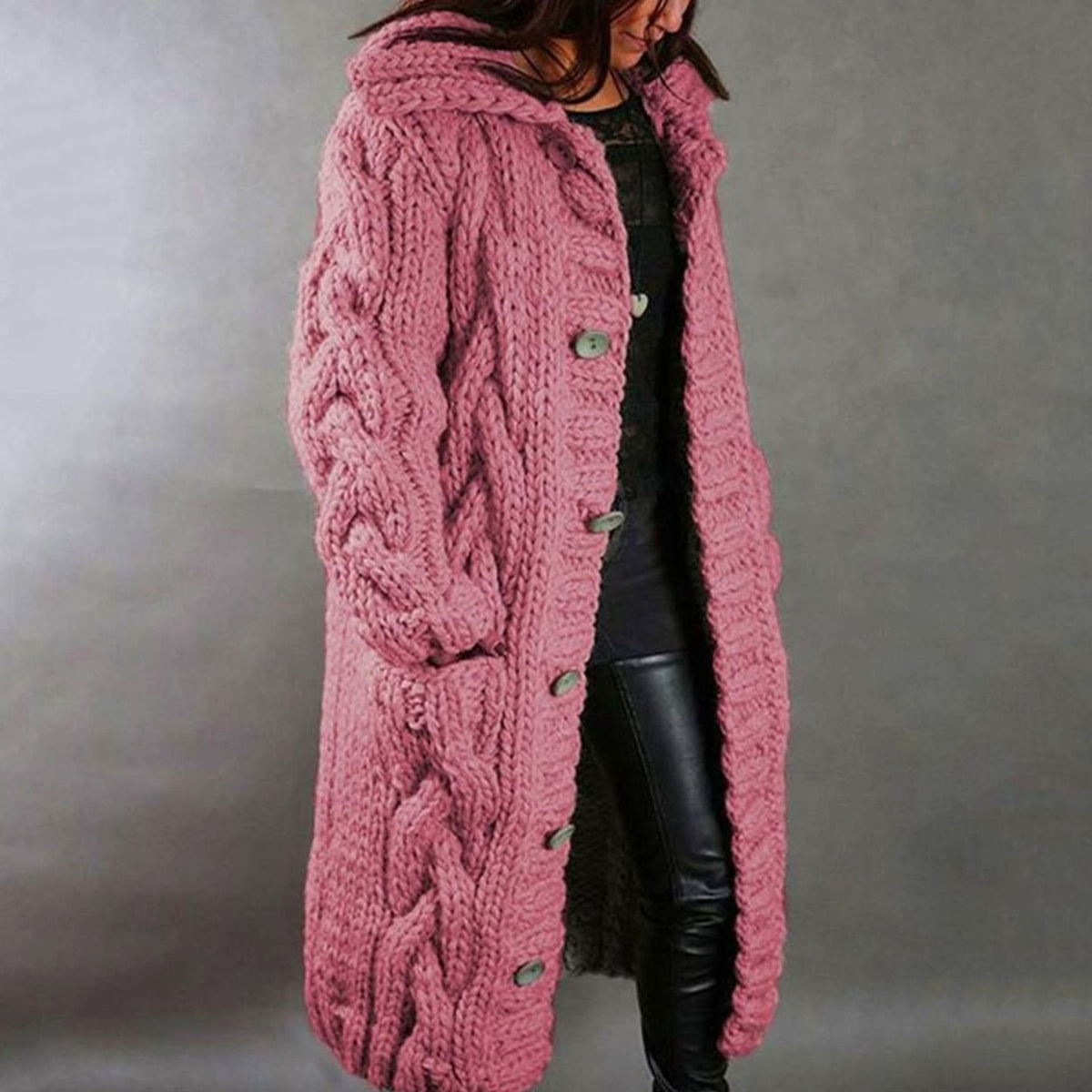 Women's Oversized Cable-Knit Hooded Long Cardigan Coat - Pink