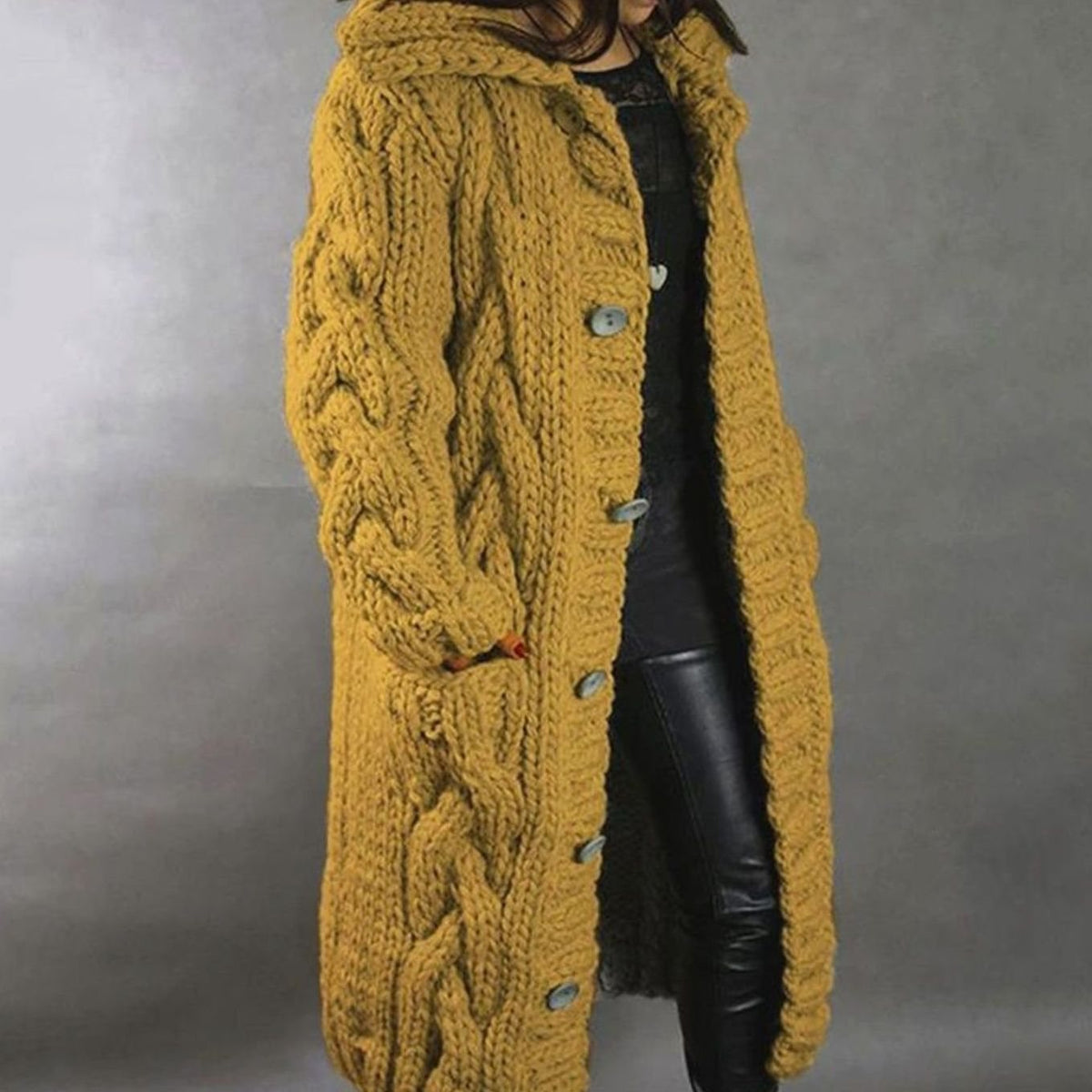 Women's Oversized Cable-Knit Hooded Long Cardigan Coat - Yellow