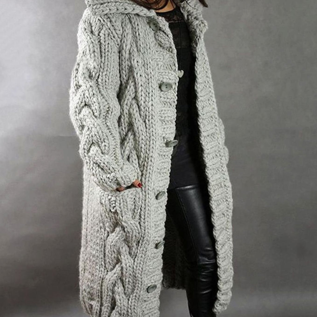 Women's Oversized Cable-Knit Hooded Long Cardigan Coat - Light Gray