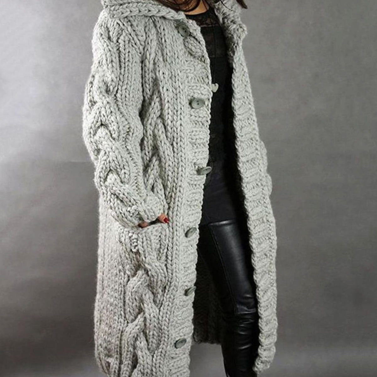 Women's Oversized Cable-Knit Hooded Long Cardigan Coat - Light Gray
