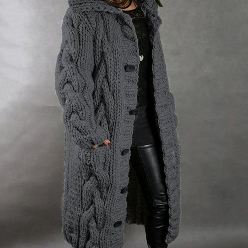 Women's Oversized Cable-Knit Hooded Long Cardigan Coat - Dark Gray