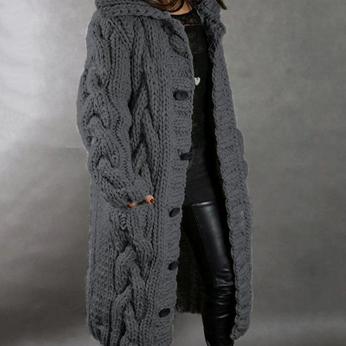 Women's Oversized Cable-Knit Hooded Long Cardigan Coat - Dark Gray
