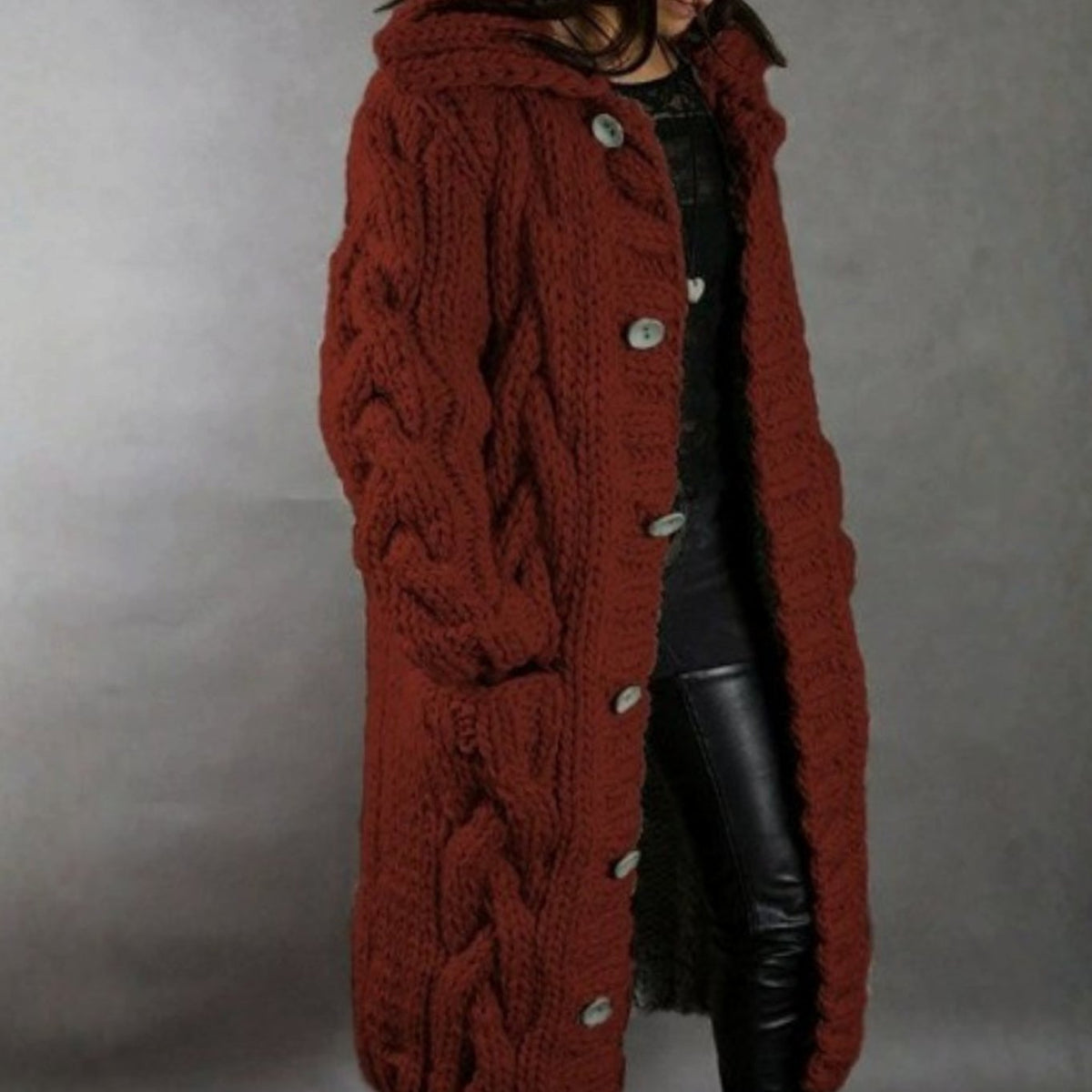 Women's Oversized Cable-Knit Hooded Long Cardigan Coat - Red