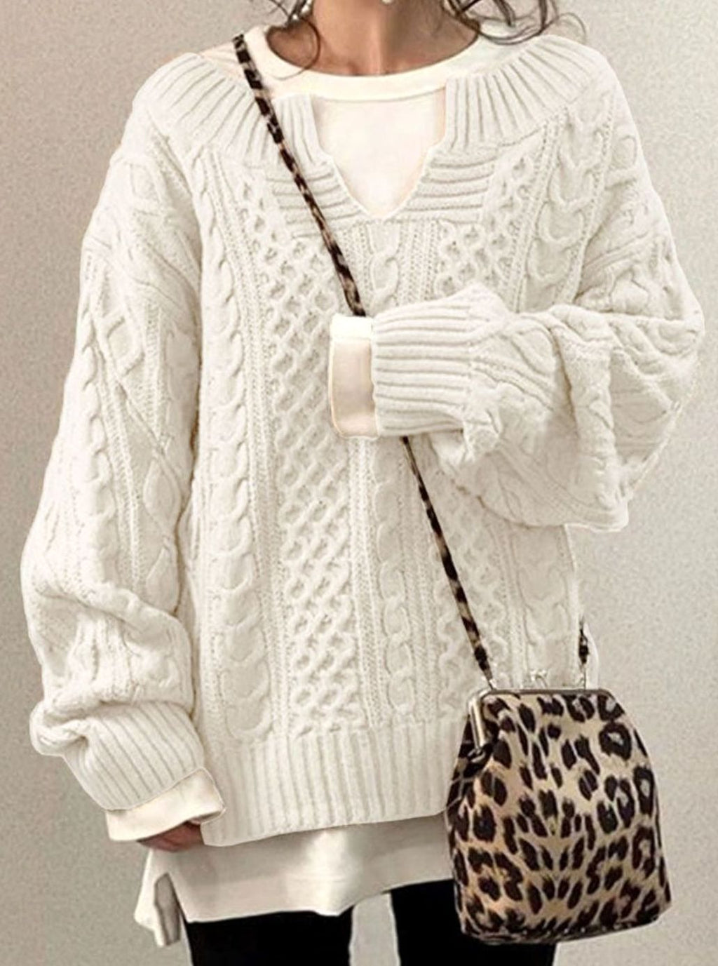 Women's Oversized Cable Knit Sweater V-Neck Layered Pullover - White