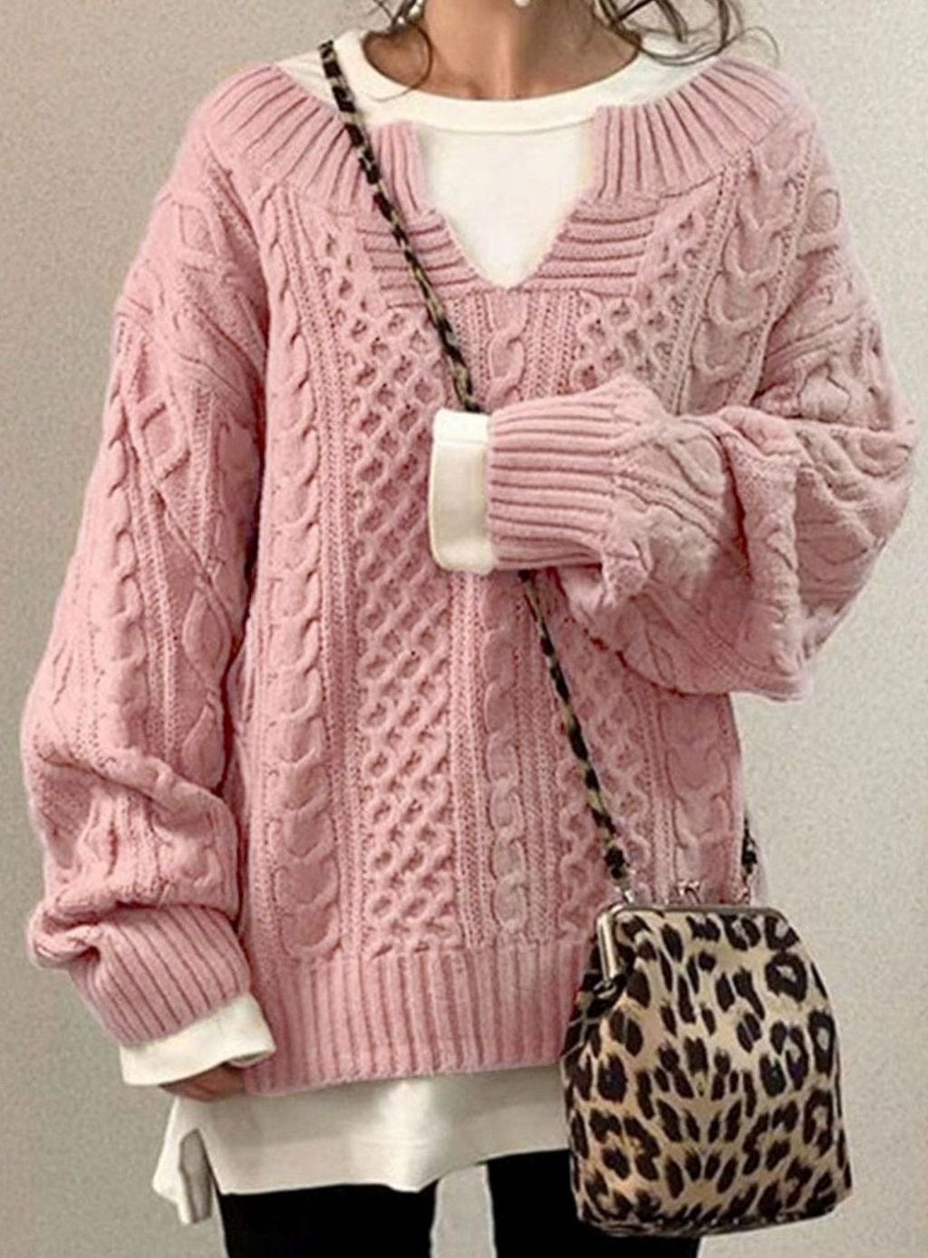 Women's Oversized Cable Knit Sweater V-Neck Layered Pullover - Pink