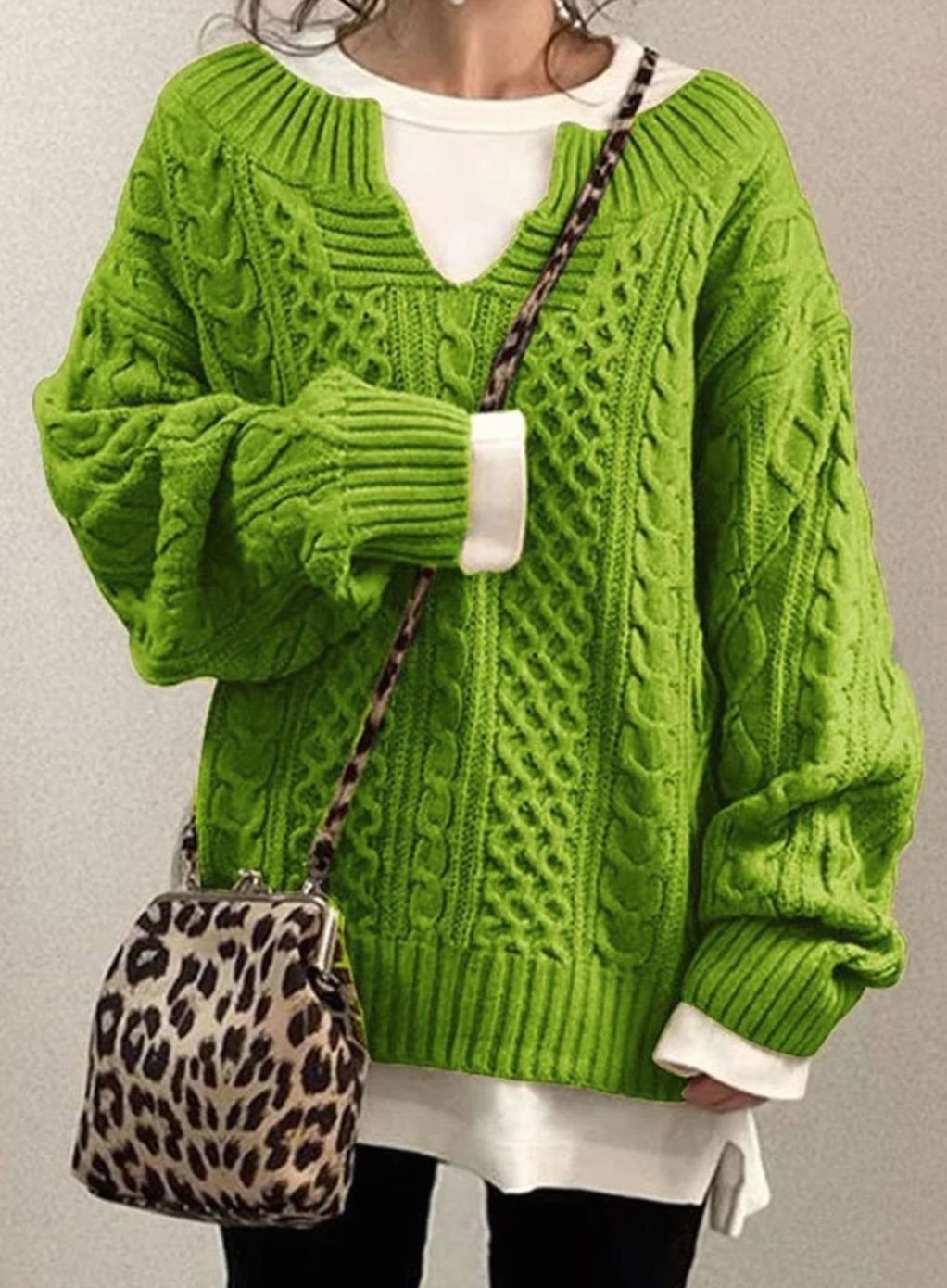 Women's Oversized Cable Knit Sweater V-Neck Layered Pullover - Green