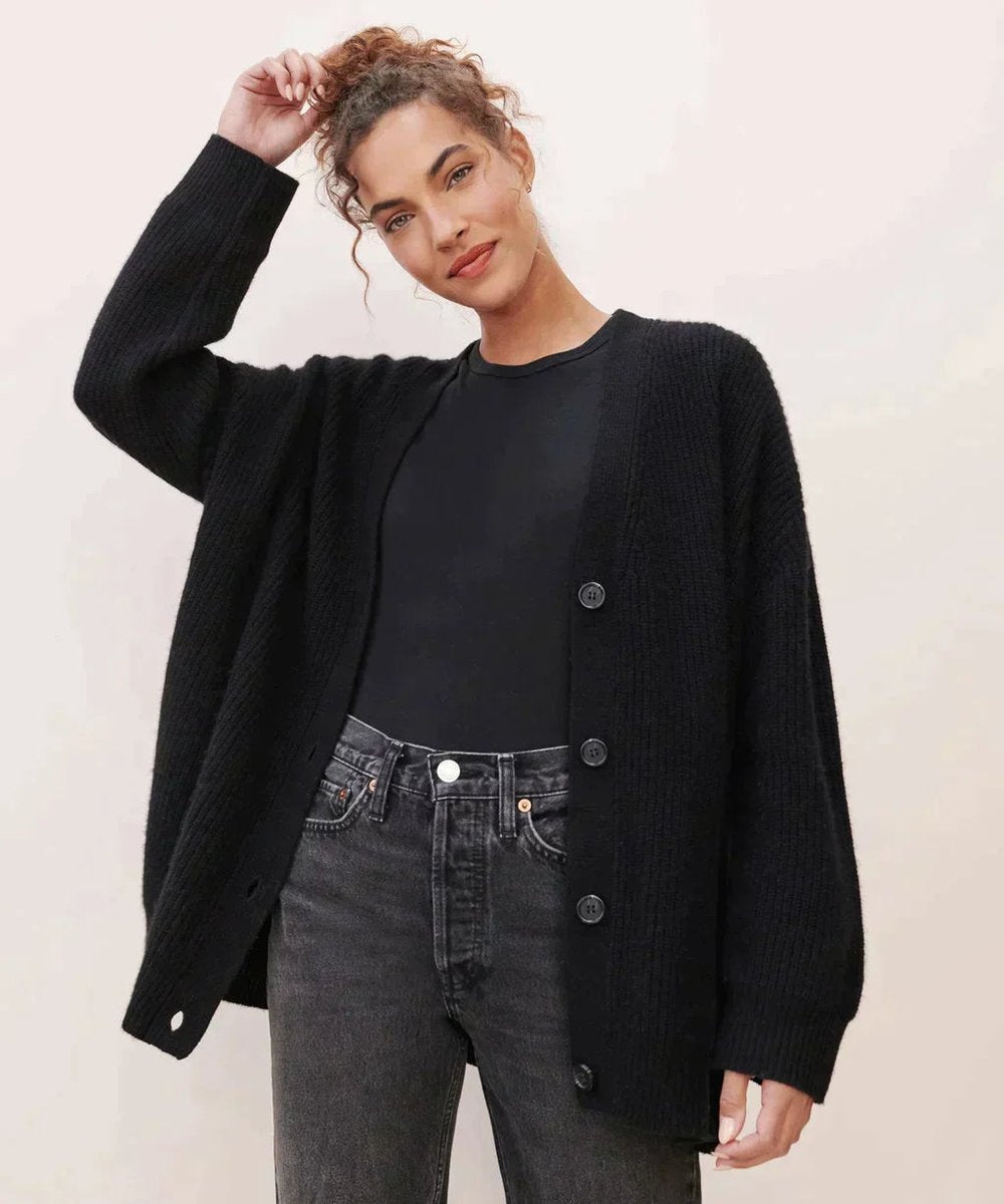Women's Oversized Cashmere Button-Front Knit Cardigan - Black