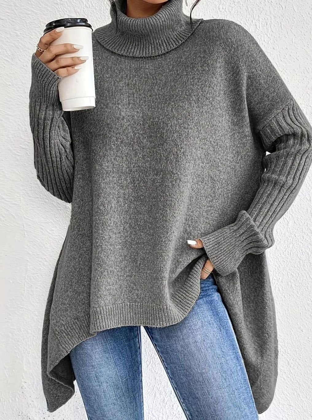Women's Oversized Cashmere Turtleneck Knit Sweater - Gray