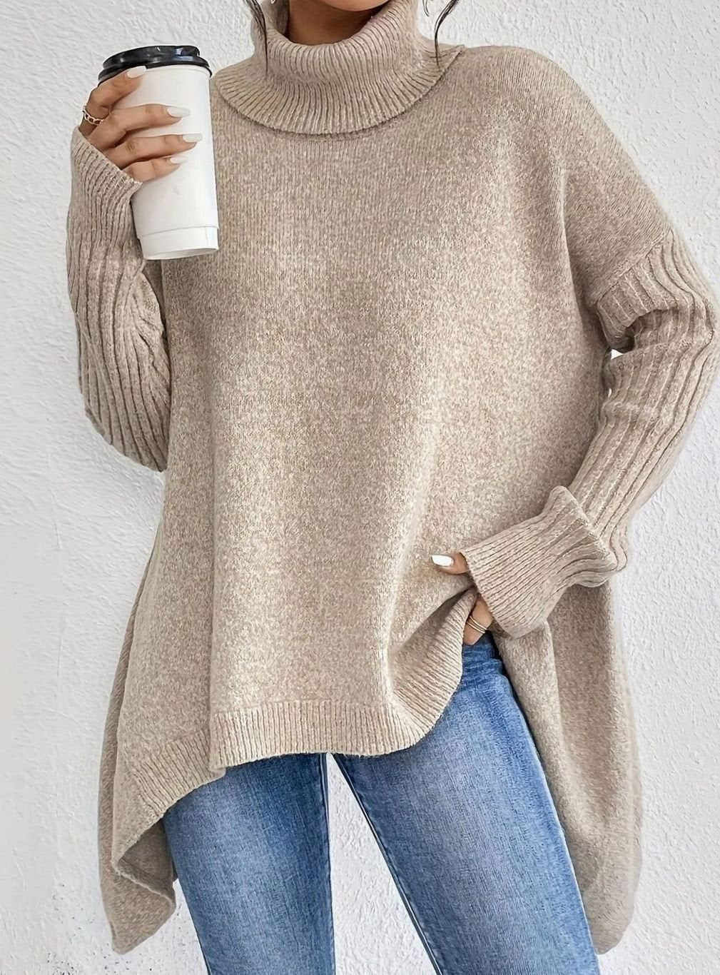 Women's Oversized Cashmere Turtleneck Knit Sweater - Apricot